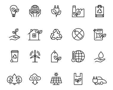 Ekoloji ve çevre ana hatları belirlendi. Koruma, gezegen bakımı, yenilenebilir enerji, geri dönüşüm konsepti. Düzenlenebilir felç. İzole vektör illüstrasyonu