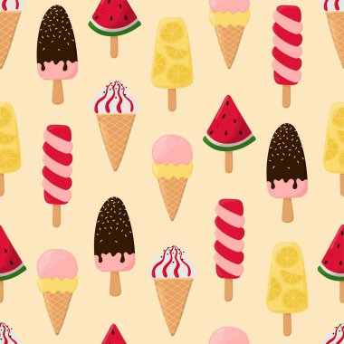 Dondurma izi yok. Dondurmalı dondurma ve waffle külahı. Poster, baskı, kartlar, ambalaj kağıdı, giysi dekorasyonu ve dondurma dükkanı için arka plan. Vektör illüstrasyonu