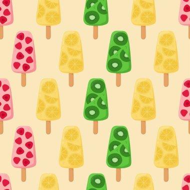 Meyveli buzlu şekerin dikişsiz şekli. Poster, baskı, kartlar, ambalaj kağıdı, giysi dekorasyonu ve dondurma dükkanı için arka plan. Vektör illüstrasyonu