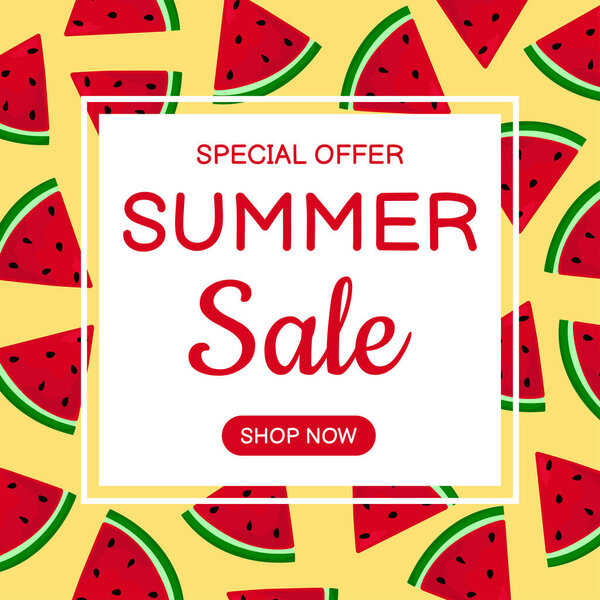 Шаблон баннера летней продажи. Ручной рисунок ломтиков арбуза. Векторная иллюстрация