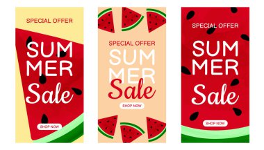 Yaz indirimi afişleri. Elle çizilmiş karpuz dilimleri suluboya boya dokusuyla. Vektör illüstrasyonu