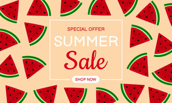 Шаблон баннера летней продажи. Арбузные ломтики ручной работы с акварельной краской. Векторная иллюстрация