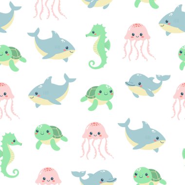 Beyaz arka planda sevimli deniz hayvanlarının kusursuz deseni. Deniz canlıları. Bebek partisi için şablon, baskı, kumaş, tebrik kartları ve davetiye. Vektör illüstrasyonu