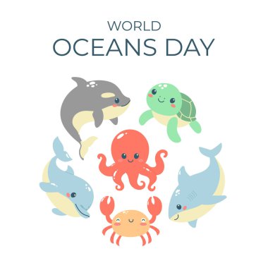 Dünya okyanusları sevimli okyanus hayvanlarıyla doludur. Posta kartı, poster, afiş, sosyal medya şablonu. Vektör illüstrasyonu