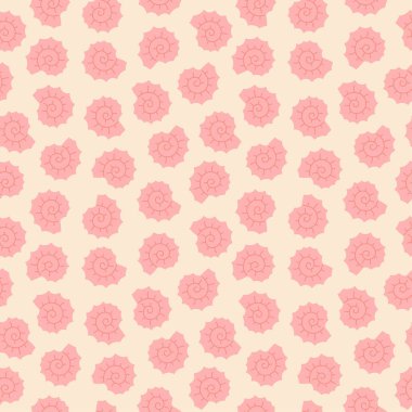 Açık pembe arka planda elle çizilmiş pembe deniz kabuğu ile kusursuz desen. Baskı, kumaş, tebrik kartı ve davetiye şablonu. Vektör illüstrasyonu