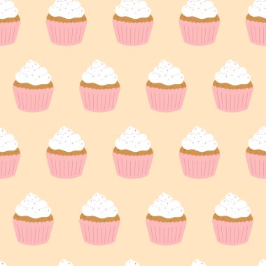 Pembe arka planda kremalı keklerin kusursuz deseni. El çizimi karalama stili. Vektör illüstrasyonu