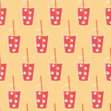 Yaz içkisi pürüzsüz desen. Bej arka planda buz küplü meyve limonatası. Vektör illüstrasyonu