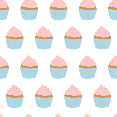 Beyaz arka planda kremalı keklerin kusursuz deseni. El çizimi karalama stili. Vektör illüstrasyonu