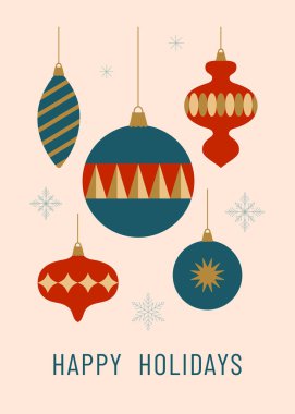 Noel ağacı süslemeli Noel tebrik kartı. Düz stil. Kış tatili için tasarım. Vektör illüstrasyonu