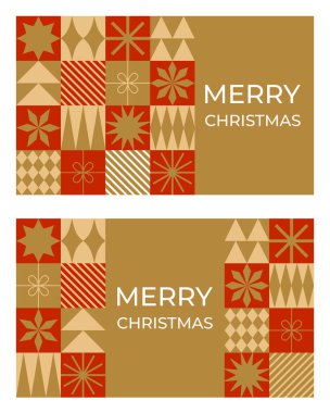 İçinde kırmızı ve altın geometrik elementler olan bir dizi Noel tebrik kartı. Düz stil. Kış tatili için tasarım. Vektör illüstrasyonu