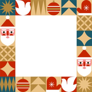 Geometrik elementler ve Noel süslemeleri olan bir Noel çerçevesi. Düz stil. Kış tatili için tasarım. Vektör illüstrasyonu