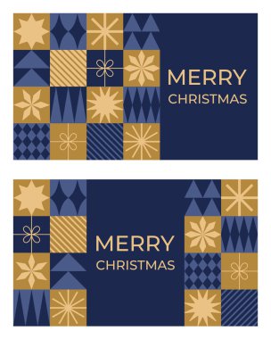 Mavi ve altın geometrik elementli Noel afişleri. Düz stil. Kış tatili için tasarım. Vektör illüstrasyonu