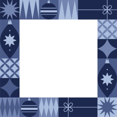 Geometrik elementlerle Noel çerçevesi ve mavi klonlarla Noel süslemesi. Düz stil. Kış tatili için tasarım. Vektör illüstrasyonu
