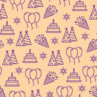 Ana hatları mor olan kusursuz bir parti modeli. Kumaş, baskı, davetiye, ambalaj kağıdı için arka plan. Vektör illüstrasyonu