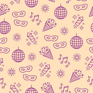 Pembe arka planda dış hatları olan kusursuz bir parti modeli. Kumaş, baskı, davetiye, ambalaj kağıdı için arka plan. Vektör illüstrasyonu