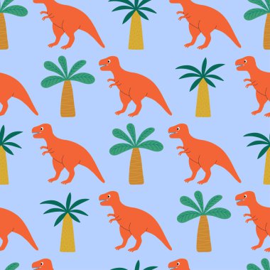 Şirin dinozor tyrannosautus karakteri ve palmiye ağacı olan kusursuz bir desen. Yazdırma şablonu, kumaş, duvar kağıdı, ambalaj kağıdı. Vektör illüstrasyonu