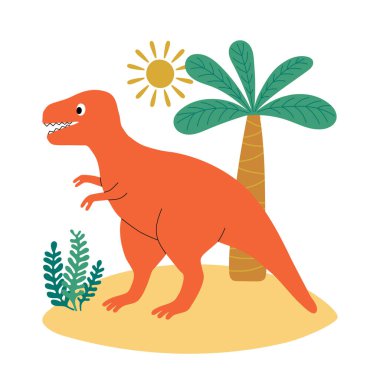 Şirin dinozor tyrannosaurus karakteri, palmiye ağacı ve bitki. Baskı, tebrik kartı, davetiye ve kitap için tasarım ögesi. İzole vektör illüstrasyonu