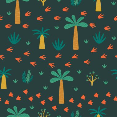 Palmiye ağaçları, bitkiler ve dinozor ayak izleriyle kusursuz desen. Yazdırma şablonu, kumaş, duvar kağıdı, ambalaj kağıdı. Vektör illüstrasyonu