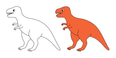 Şirin dinozor tyrannosaurus karakteri. Düzenlenebilir felç. Sayfa şablonu boyanıyor. Baskı, tebrik kartı, davetiye ve kitap için tasarım ögesi. İzole vektör illüstrasyonu