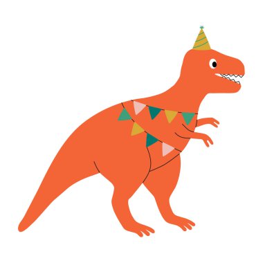 Parti şapkalı sevimli dinozor tyrannosaurus karakteri. Davetiye için tasarım ögesi, tebrik kartı, baskı, poster. İzole vektör illüstrasyonu