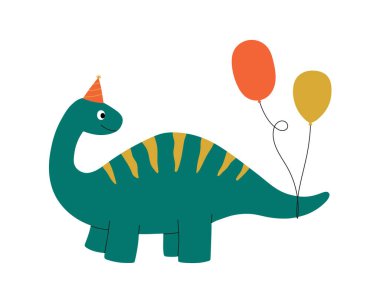 Parti şapkası ve balonları olan sevimli dinozor karakteri. Davetiye için tasarım ögesi, tebrik kartı, baskı, poster. İzole vektör illüstrasyonu
