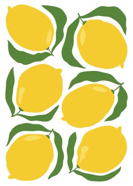 Minimalist tarzda soyut meyve posteri. Elle çizilmiş modern botanik baskısı limon ve yapraklar. İzole vektör illüstrasyonu