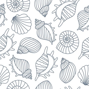 El çiziminin kusursuz şekli beyaz arka planda mavi deniz kabukları çiziyor. Baskı şablonu, tebrik kartı, tekstil, duvar kağıdı. Vektör illüstrasyonu