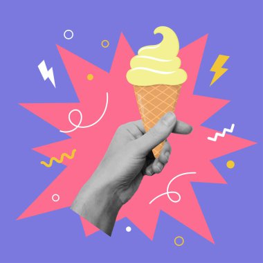 Kolaj tasarımı ve el ele tutuşan dondurma. Yaz zamanı, tatil konsepti. Vektör illüstrasyonu