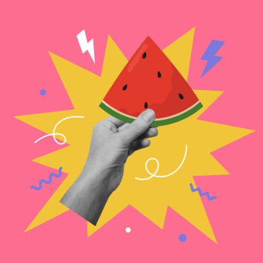 El ele tutuşan karpuz dilimli kolaj tasarımı. Yaz zamanı, tatil konsepti. Vektör illüstrasyonu