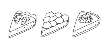 Krem şantili ve limon dilimli limonlu pastalar. Düzenlenebilir felç. Tişört baskısı, davetiye, kart, menü tasarımı için karalama. İzole vektör illüstrasyonu