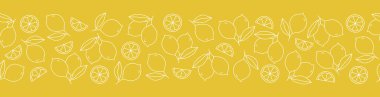 Limonsuz sınır. Beyaz ana hatları, limonlar, dilimler ve sarı arka planda yapraklar. Vektör illüstrasyonu