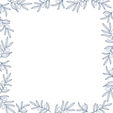 Elle çizilmiş kare çerçeve mavi zeytin dalları. Akdeniz temalı sınır tasarımı. İzole vektör illüstrasyonu