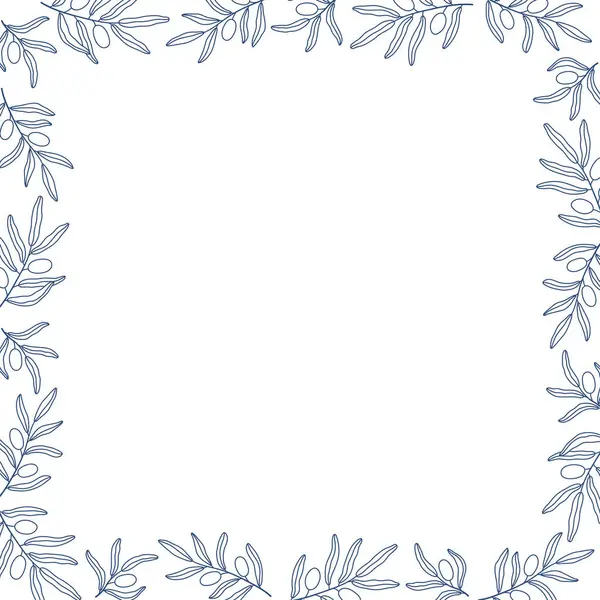 Elle çizilmiş kare çerçeve mavi zeytin dalları. Akdeniz temalı sınır tasarımı. İzole vektör illüstrasyonu