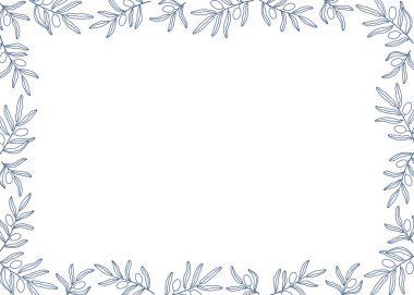 Mavi zeytin dalları çizilmiş çerçeve. Akdeniz temalı sınır tasarımı. İzole vektör illüstrasyonu