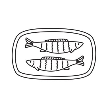 Tabakta elle çizilmiş sardalya balıkları var. Düzenlenebilir felç. Menü tasarımı için karalama çizimi, baskı, poster, afiş. İzole vektör illüstrasyonu.