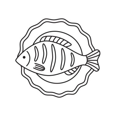 Tabağa elle çizilmiş ızgara balık. Düzenlenebilir felç. Menü tasarımı için karalama çizimi, baskı, poster, afiş. İzole vektör illüstrasyonu.