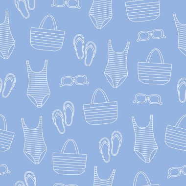 Elle çizilmiş kusursuz desenli mavi arka planda yaz plajı elementleri. Parmak izi, poster, afiş, kart için karalama. Vektör illüstrasyonu