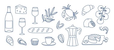 El çizimi Akdeniz yemekleri seti. Baskı için karalama çizimi, menü tasarımı, poster, afiş. İzole vektör illüstrasyonu 