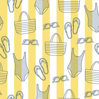 Elle çizilmiş pürüzsüz desenli yaz plajı elementleri. Parmak izi, poster, afiş, kart için karalama. Vektör illüstrasyonu