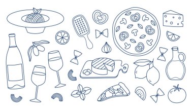 El çizimi Akdeniz yemekleri seti. Baskı için karalama çizimi, menü tasarımı, poster, afiş. İzole vektör illüstrasyonu 