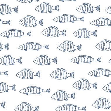 Elle çizilmiş pürüzsüz desenli beyaz arka planda ızgara balık. Menü tasarımı için karalama çizimi, baskı, poster, afiş. Vektör illüstrasyonu