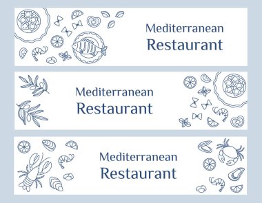 Elle çizilmiş afiş şablonları, Akdeniz yemekleri. Kafe broşürü, restoran broşürü, teslimat broşürü için mükemmel. Vektör illüstrasyonu