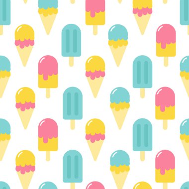 Renkli ve pürüzsüz dondurma. Dondurma kepçeli ve buzlu dondurmalı waffle külahı. Poster, baskı, kartlar, ambalaj kağıdı, giysi dekorasyonu ve dondurma dükkanı için arka plan.