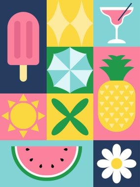 Geometrik yaz ve düz minimalist tarzda seyahat afişi. Baskı, kart, poster, broşür ve sosyal medya için arka plan. Vektör illüstrasyonu