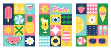 Düz minimalist tarzda geometrik yazlık posterler. Kart, poster, davetiye, broşür. Vektör illüstrasyonu