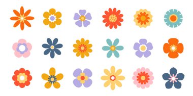 Basit rengarenk çiçekler. Geometrik, minimalist tarzda. İzole vektör illüstrasyonu