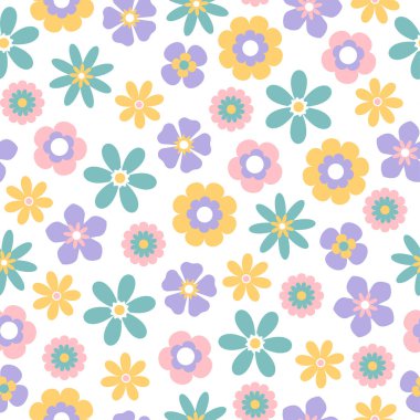 Kusursuz desenli, beyaz arka planda pastel renkli basit çiçekler. Geometrik, minimalist tarzda. Vektör illüstrasyonu