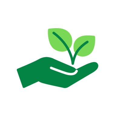 El ele tutuşan yeşil renkli bitki ikonu. Çevre ve sürdürülebilir konsept. İzole vektör illüstrasyonu 