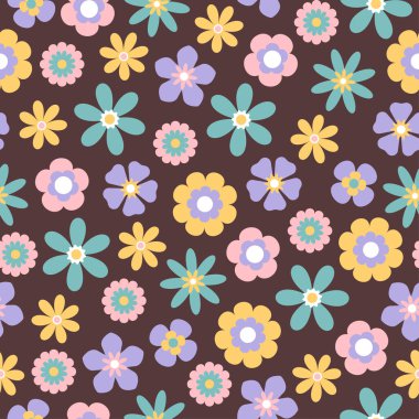 Kusursuz desenli, kahverengi arka planda pastel renkli basit çiçekler. Geometrik, minimalist tarzda. Vektör illüstrasyonu