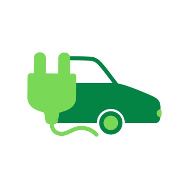 Elektrikli araba ve elektrik prizi ikonu yeşil renklerde. Yeşil elektrik enerjisi kavramı. İzole vektör illüstrasyonu